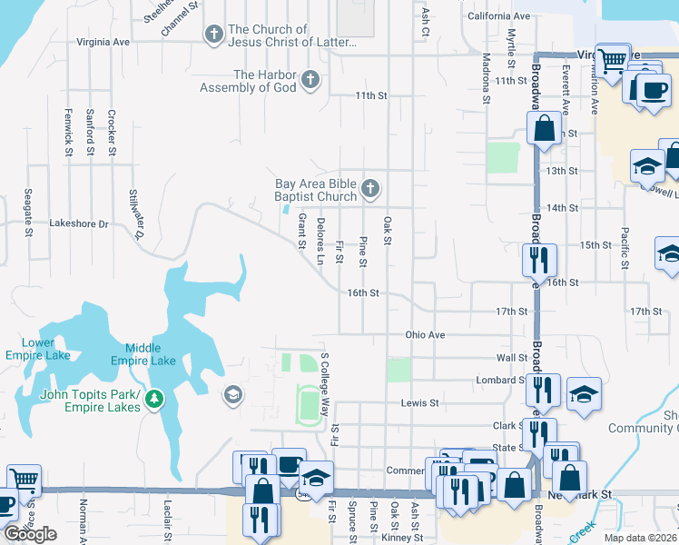map of restaurants, bars, coffee shops, grocery stores, and more near 2580 Fir Street in North Bend