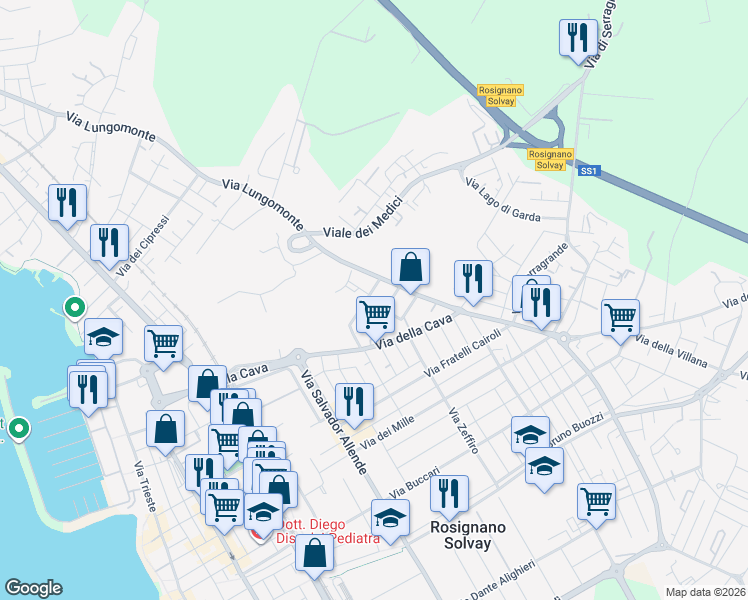map of restaurants, bars, coffee shops, grocery stores, and more near 12B Via Oreste Lizzadri in Rosignano Solvay-Castiglioncello