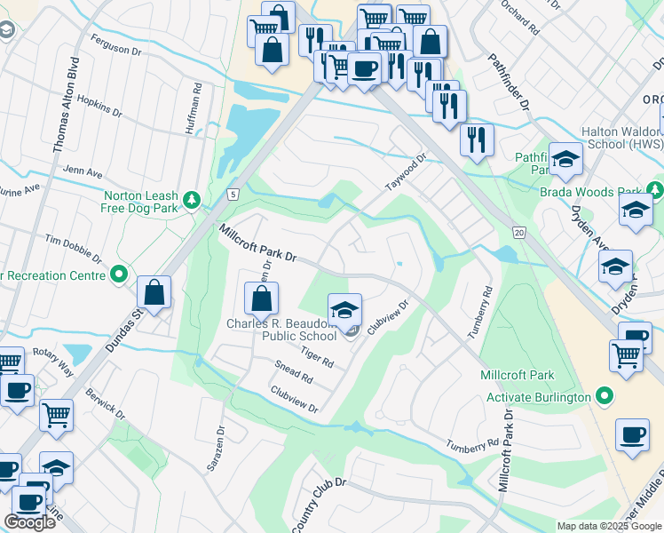 map of restaurants, bars, coffee shops, grocery stores, and more near 4360 Millcroft Park Drive in Burlington