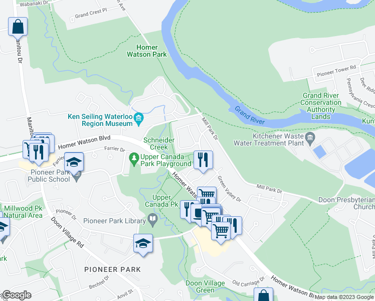 map of restaurants, bars, coffee shops, grocery stores, and more near 30 Green Valley Drive in Kitchener