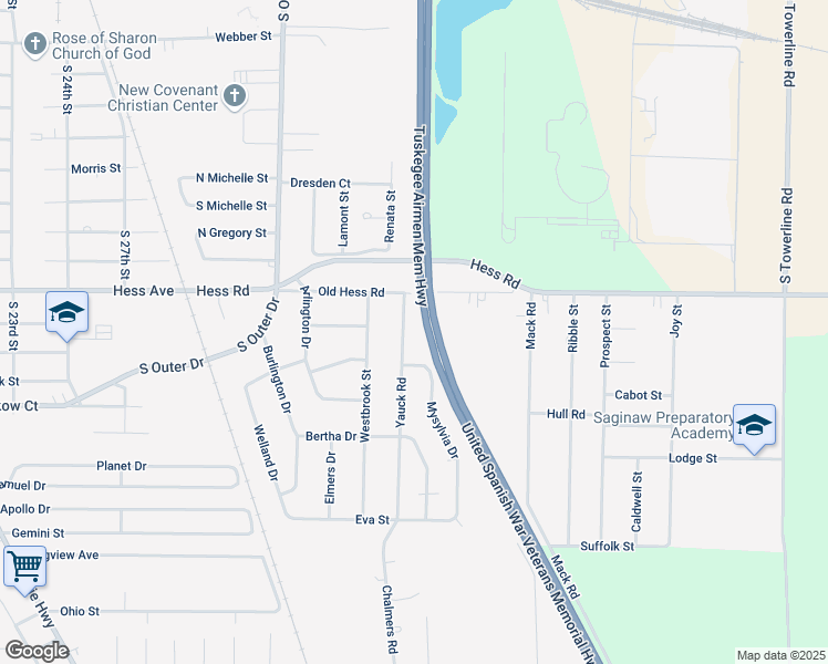 map of restaurants, bars, coffee shops, grocery stores, and more near 2954 Yauck Road in Saginaw