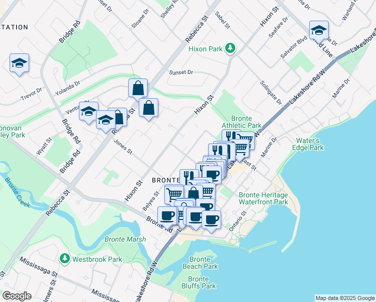 map of restaurants, bars, coffee shops, grocery stores, and more near 187 Nelson Street in Oakville