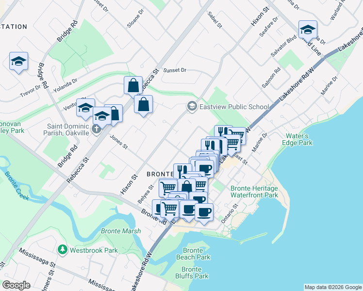 map of restaurants, bars, coffee shops, grocery stores, and more near 187 Nelson Street in Oakville