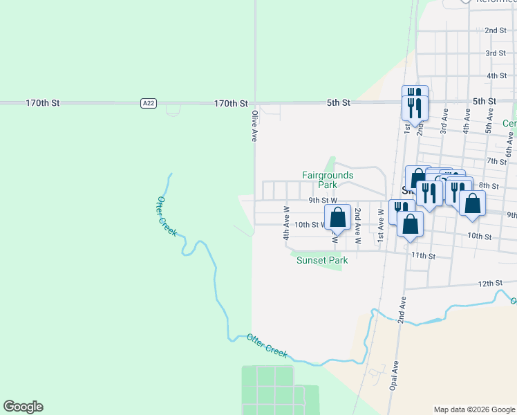 map of restaurants, bars, coffee shops, grocery stores, and more near 428-436 9th Street West in Sibley
