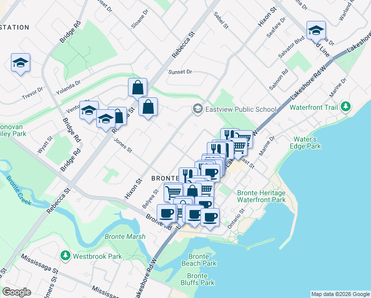 map of restaurants, bars, coffee shops, grocery stores, and more near 2329 Belyea Street in Oakville