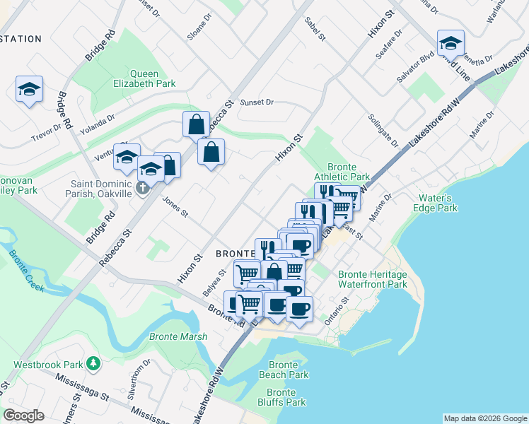 map of restaurants, bars, coffee shops, grocery stores, and more near 2329 Belyea Street in Oakville
