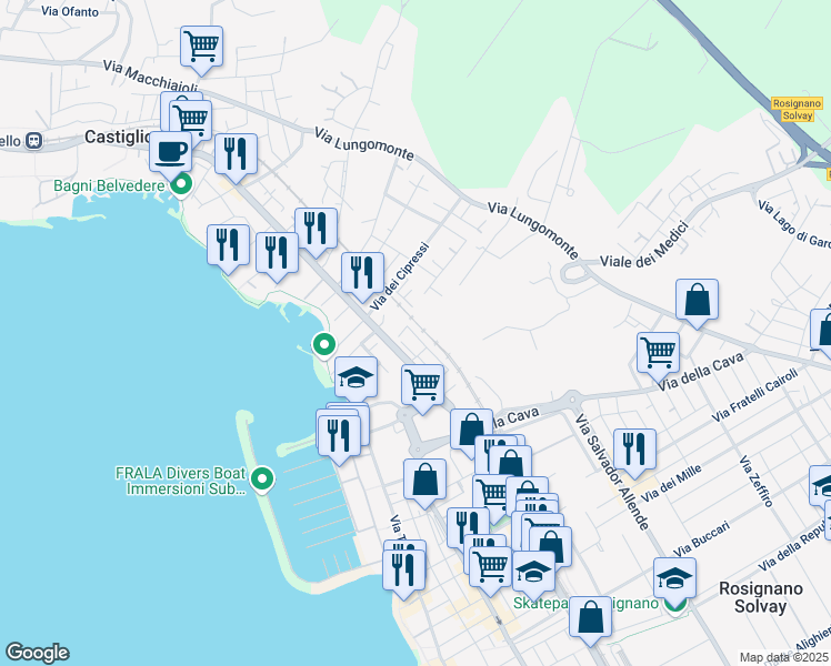 map of restaurants, bars, coffee shops, grocery stores, and more near 27 Via T. Tasso in Rosignano Solvay-Castiglioncello