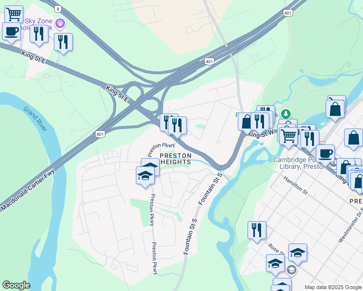 map of restaurants, bars, coffee shops, grocery stores, and more near 340 Shantz Hill Road in Cambridge