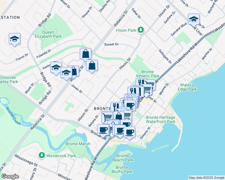 map of restaurants, bars, coffee shops, grocery stores, and more near 187 Nelson Street in Oakville