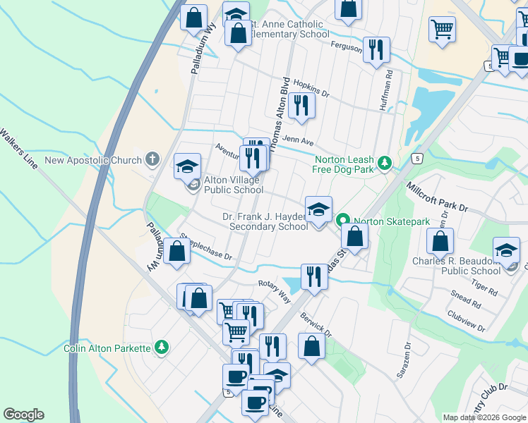 map of restaurants, bars, coffee shops, grocery stores, and more near 4229 Cole Crescent in Burlington
