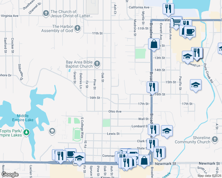 map of restaurants, bars, coffee shops, grocery stores, and more near Ash Street in North Bend
