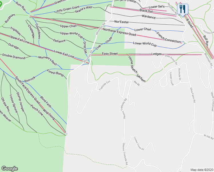 map of restaurants, bars, coffee shops, grocery stores, and more near 23 Trailside Road in Windsor County
