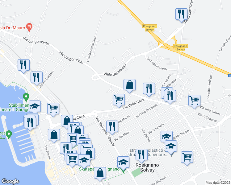 map of restaurants, bars, coffee shops, grocery stores, and more near 2 Via Sergio Tofano in Rosignano Solvay-Castiglioncello