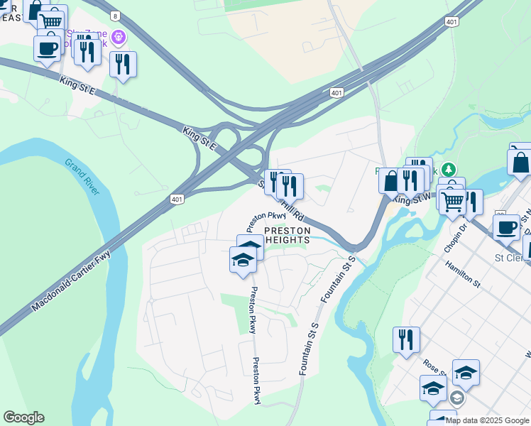 map of restaurants, bars, coffee shops, grocery stores, and more near Preston Parkway in Cambridge