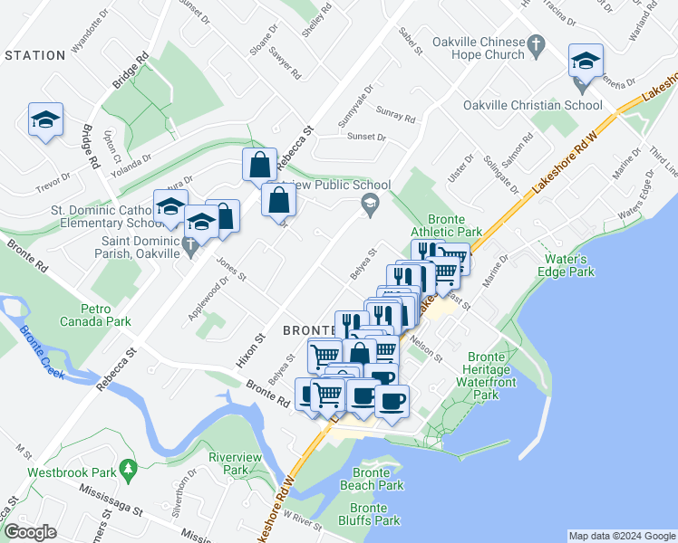 map of restaurants, bars, coffee shops, grocery stores, and more near 187 Nelson Street in Oakville