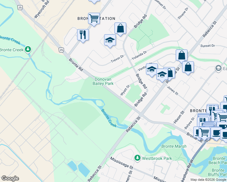 map of restaurants, bars, coffee shops, grocery stores, and more near in Oakville