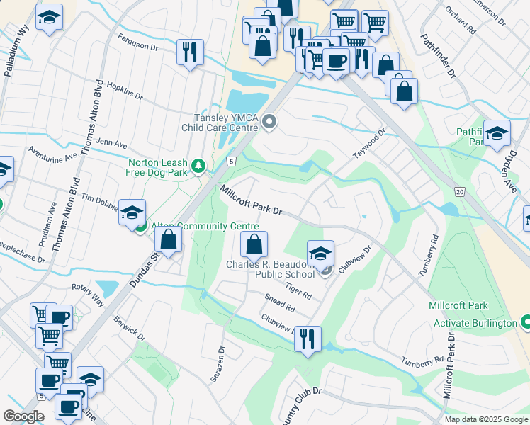 map of restaurants, bars, coffee shops, grocery stores, and more near 4304 Sarazen Drive in Burlington