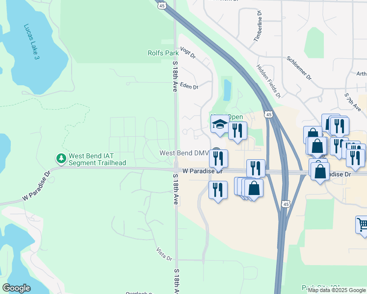 map of restaurants, bars, coffee shops, grocery stores, and more near 1711 South 18th Avenue in West Bend