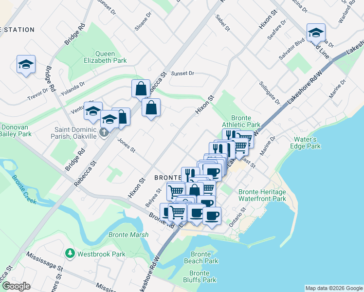 map of restaurants, bars, coffee shops, grocery stores, and more near 189 Nelson Street in Oakville