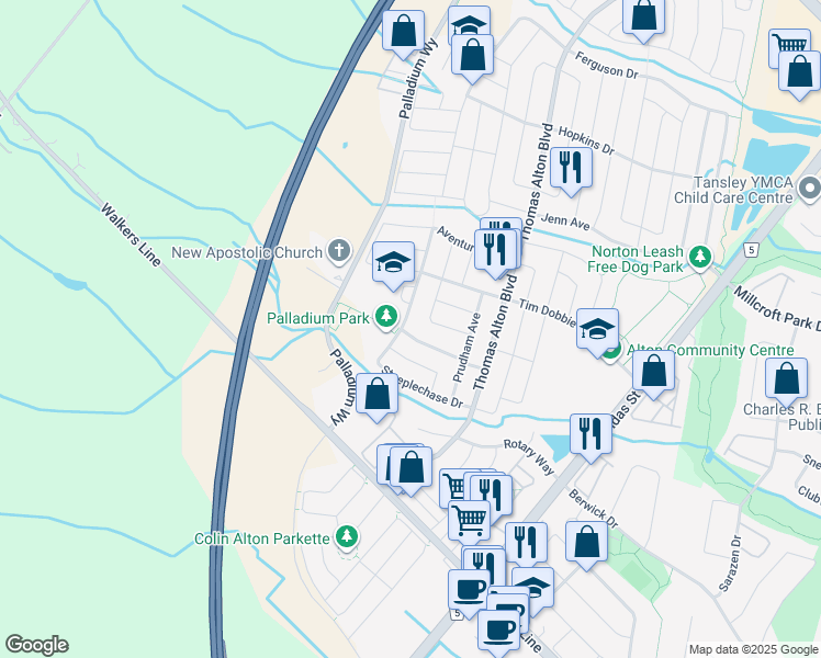 map of restaurants, bars, coffee shops, grocery stores, and more near 3275 Steeplechase Drive in Burlington