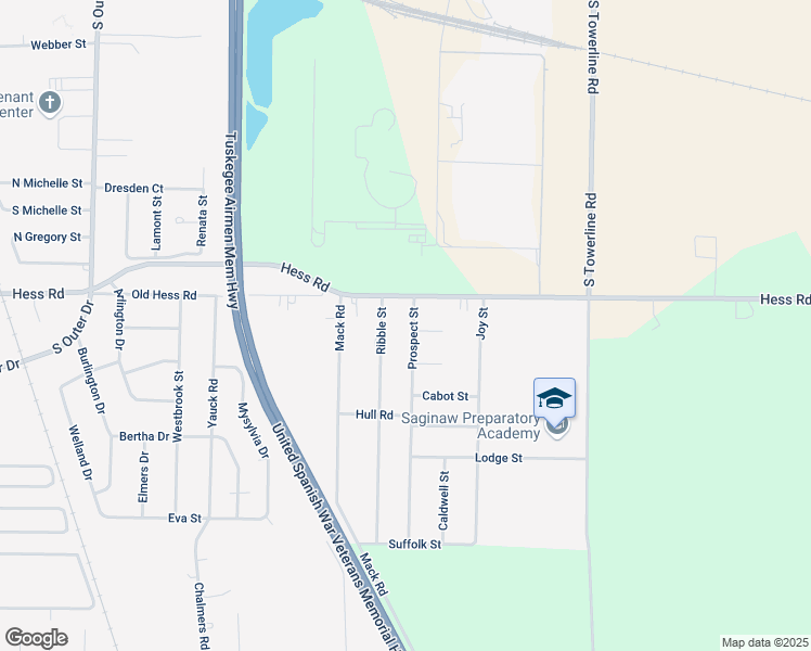 map of restaurants, bars, coffee shops, grocery stores, and more near 1556 Prospect Street in Saginaw