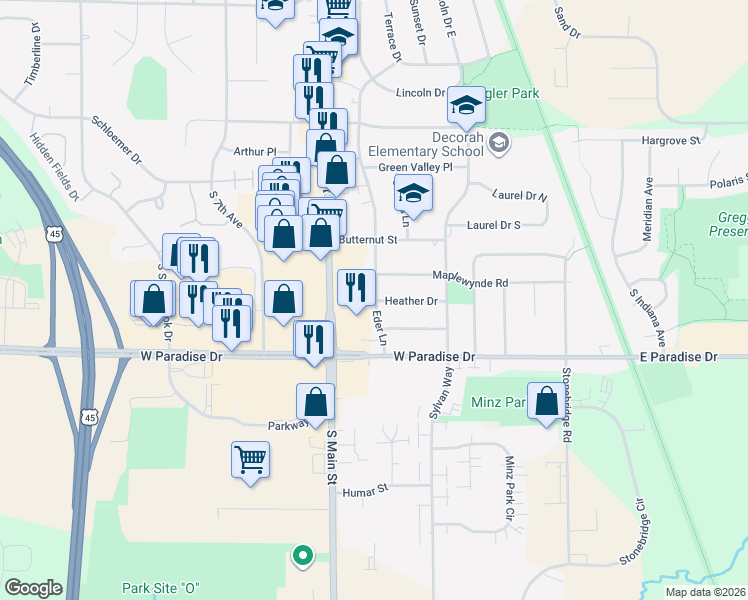 map of restaurants, bars, coffee shops, grocery stores, and more near 1630 Eder Lane in West Bend