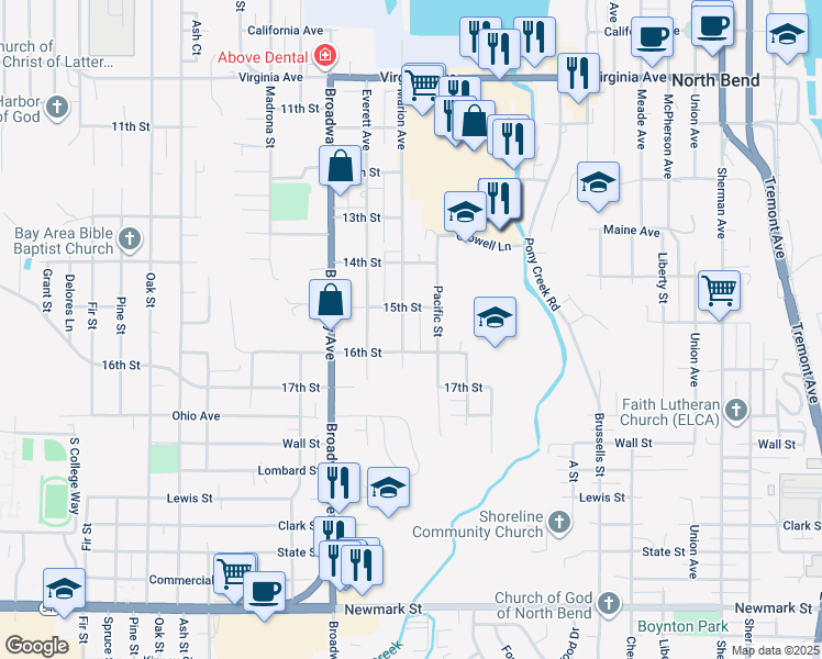 map of restaurants, bars, coffee shops, grocery stores, and more near 2535 Marion Avenue in North Bend