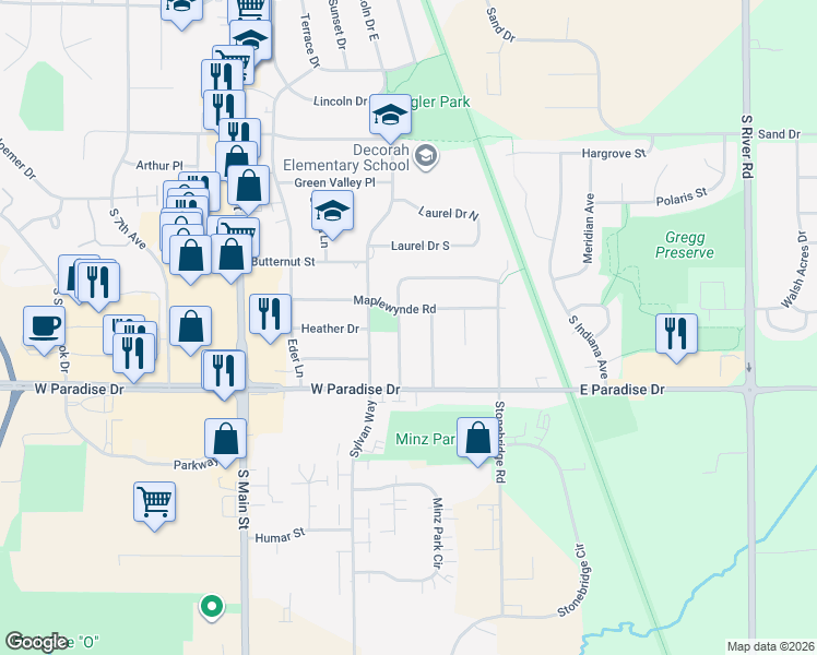 map of restaurants, bars, coffee shops, grocery stores, and more near 1621 Woodridge Road in West Bend
