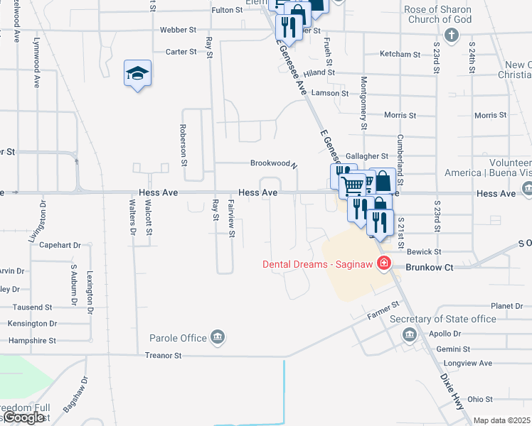 map of restaurants, bars, coffee shops, grocery stores, and more near 3001 Beulah Street in Saginaw