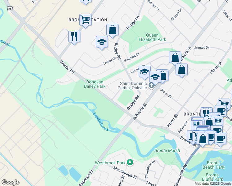 map of restaurants, bars, coffee shops, grocery stores, and more near 2497 Wyatt Street in Oakville