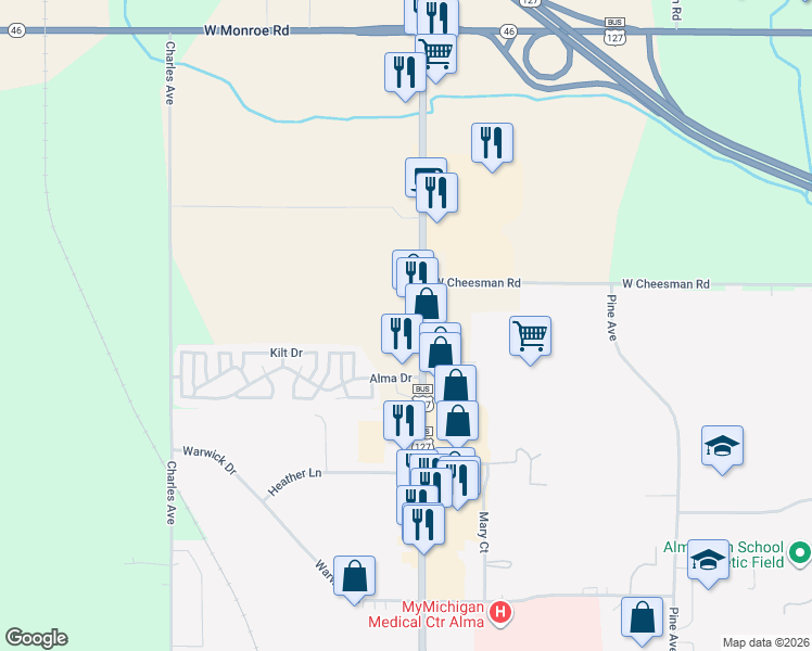 map of restaurants, bars, coffee shops, grocery stores, and more near 7431 U.S. 127 Business in Alma
