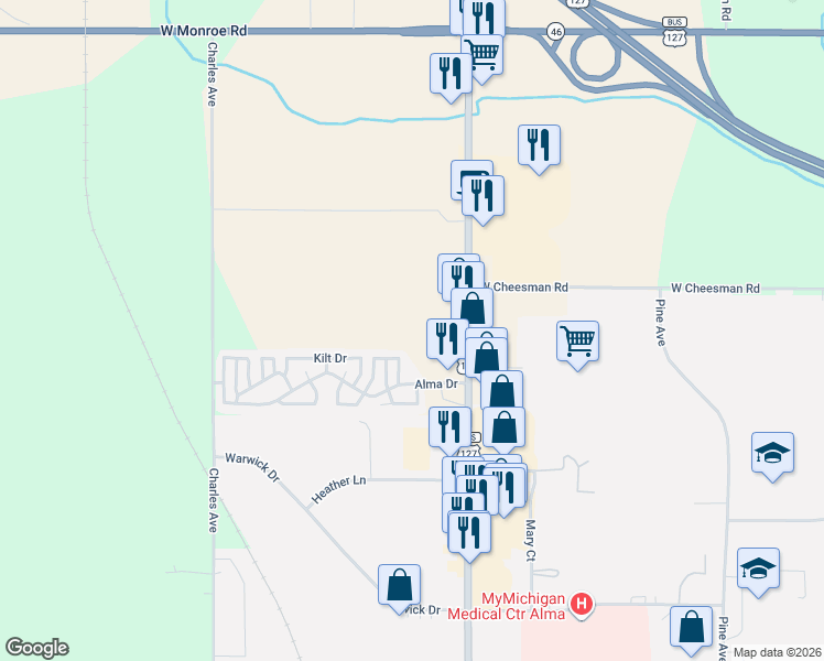 map of restaurants, bars, coffee shops, grocery stores, and more near 7352 Bagpipe Drive in Alma