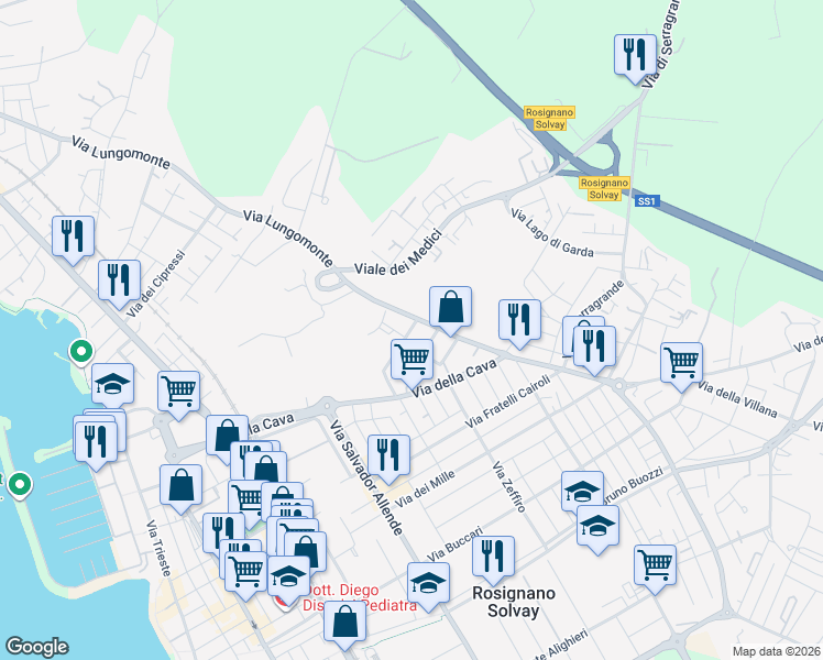 map of restaurants, bars, coffee shops, grocery stores, and more near 12B Via Oreste Lizzadri in Rosignano Solvay-Castiglioncello