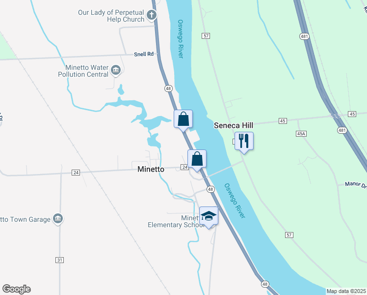 map of restaurants, bars, coffee shops, grocery stores, and more near 2785 New York 48 in Minetto