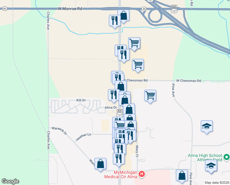 map of restaurants, bars, coffee shops, grocery stores, and more near 7431 U.S. 127 Business in Alma