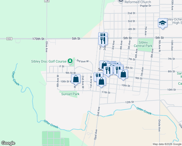 map of restaurants, bars, coffee shops, grocery stores, and more near 100 9th Street West in Sibley