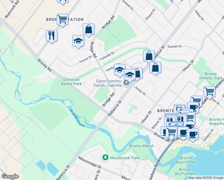 map of restaurants, bars, coffee shops, grocery stores, and more near 2481 Bridge Road in Oakville