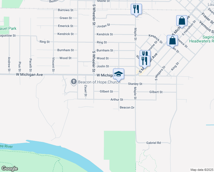 map of restaurants, bars, coffee shops, grocery stores, and more near 1847 Stanley Street in Saginaw