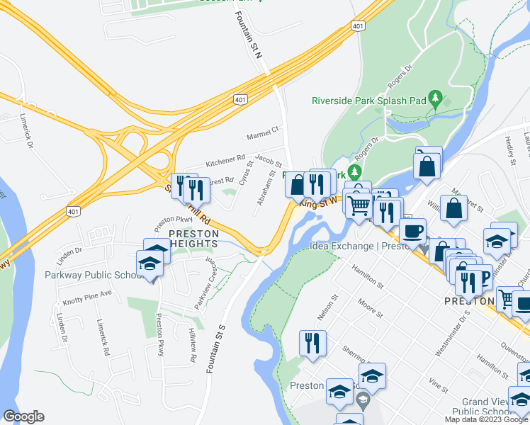 map of restaurants, bars, coffee shops, grocery stores, and more near 231 Abraham Street in Cambridge