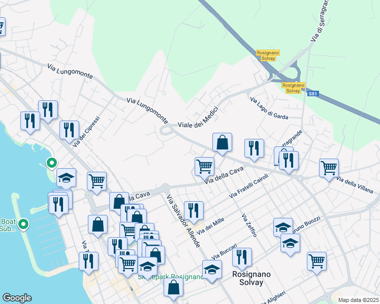 map of restaurants, bars, coffee shops, grocery stores, and more near 2 Via Sergio Tofano in Rosignano Solvay-Castiglioncello