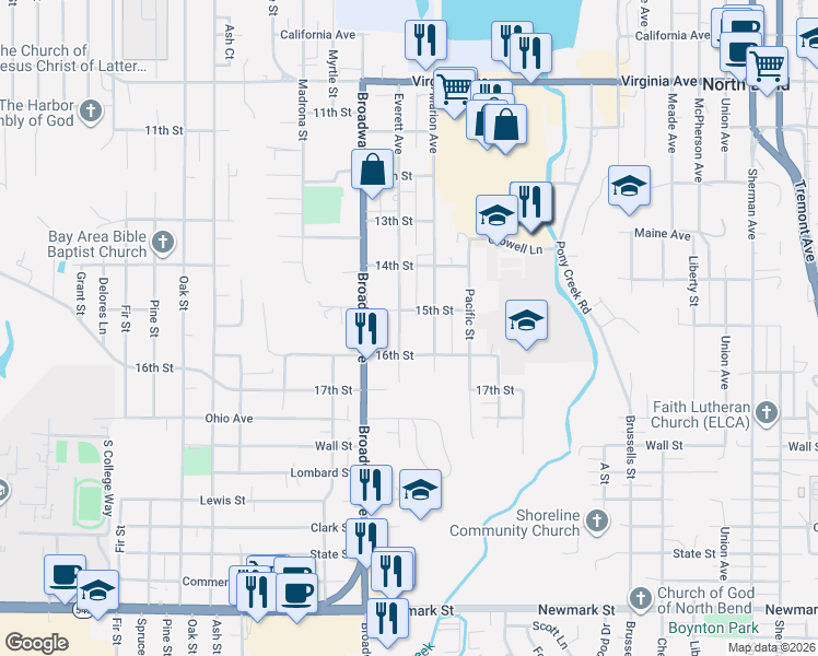 map of restaurants, bars, coffee shops, grocery stores, and more near 2519 Everett Avenue in North Bend