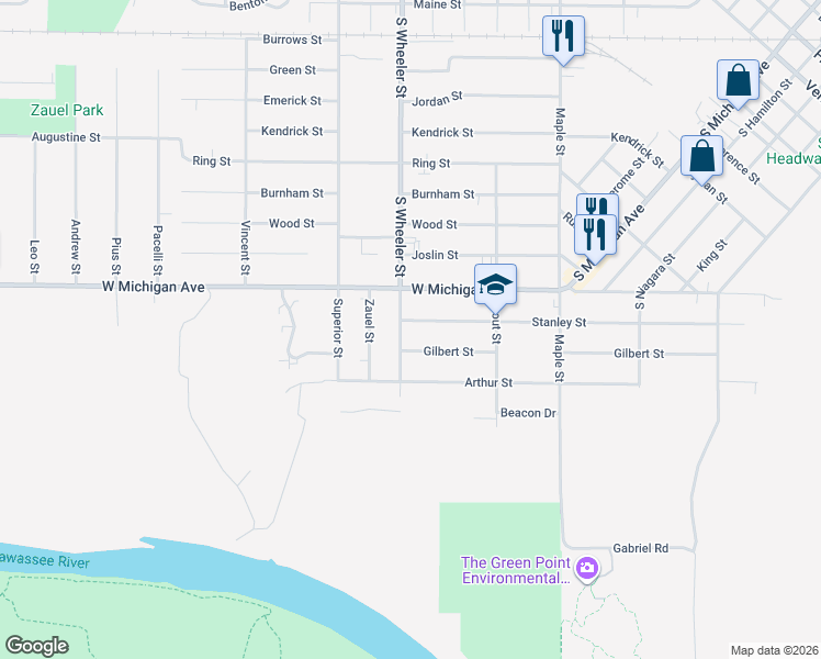map of restaurants, bars, coffee shops, grocery stores, and more near 1804 South Wheeler Street in Saginaw