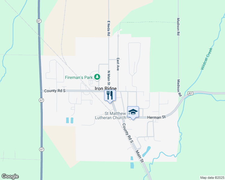 map of restaurants, bars, coffee shops, grocery stores, and more near 105 E Pleasant St in Iron Ridge