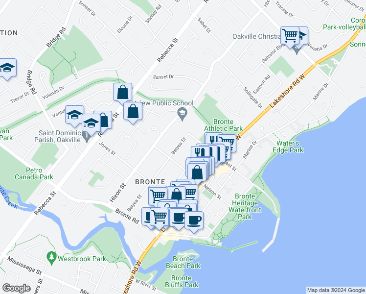 map of restaurants, bars, coffee shops, grocery stores, and more near 2308 Belyea Street in Oakville