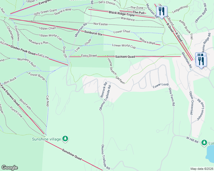 map of restaurants, bars, coffee shops, grocery stores, and more near 58 Rimrock Road in Ludlow