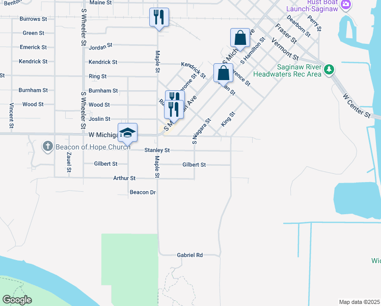 map of restaurants, bars, coffee shops, grocery stores, and more near 2503 South Niagara Street in Saginaw