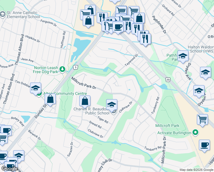 map of restaurants, bars, coffee shops, grocery stores, and more near 4360 Millcroft Park Drive in Burlington