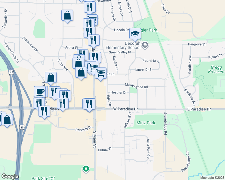 map of restaurants, bars, coffee shops, grocery stores, and more near 1630 Eder Lane in West Bend