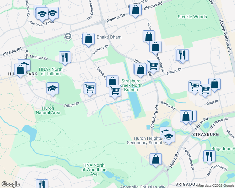 map of restaurants, bars, coffee shops, grocery stores, and more near 565 Trillium Drive in Kitchener