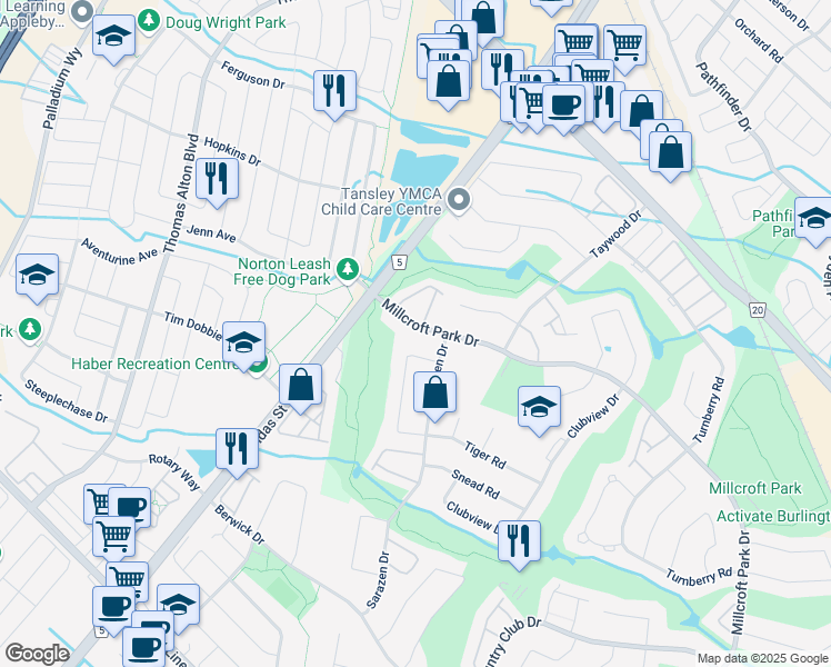 map of restaurants, bars, coffee shops, grocery stores, and more near 4401 Millcroft Park Drive in Burlington